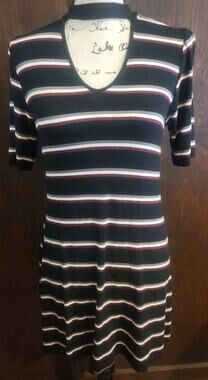 Arizona T Shirt Dress Womens Large L Black Burgundy Striped Short Sleeve Shift